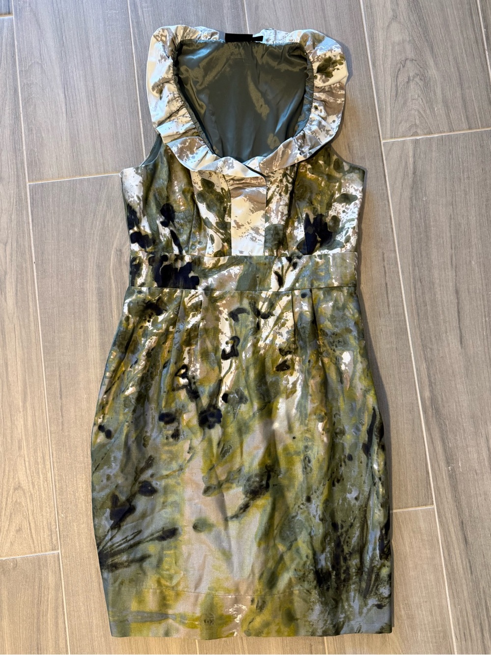 Just...Taylor Olive, Black and Cream Watercolor Ruffled Mini Dress